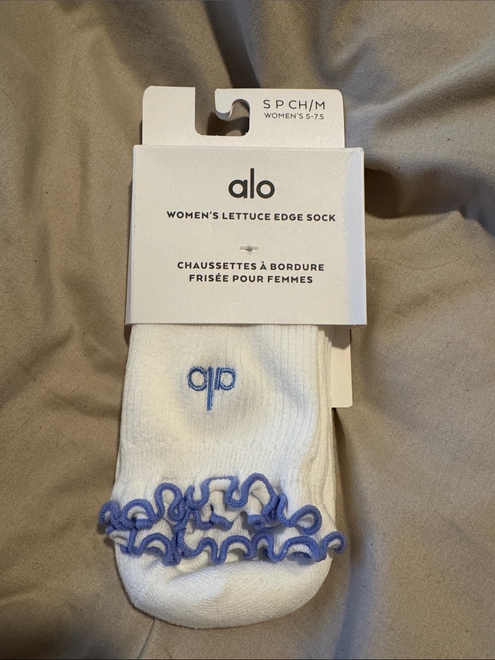 ALO Yoga Women's White Socks with Light Blue Lettuce Edge